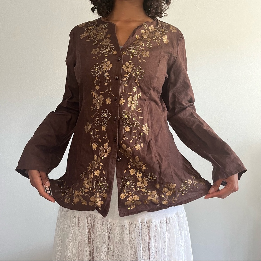 Brown floral embroidered button up blouse